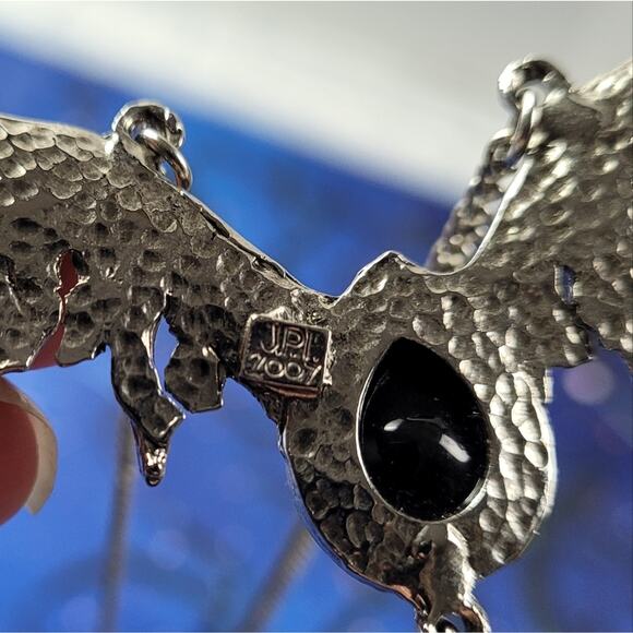 Signed JPL Bat Wing Pewter-tone Necklace Black Faceted Stone Pentacle Pentagram - Picture 2 of 6